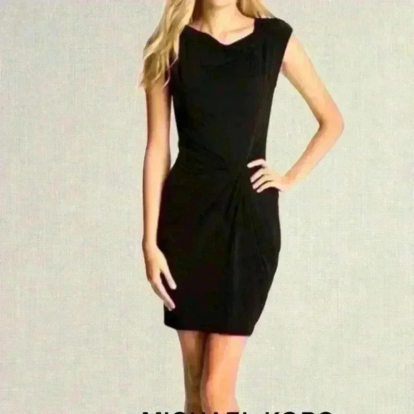 MICHAEL Michael Kors Black Midi Cap Sleeve Twist Waist Coctail Dress Sz S EUC - Picture 3 of 11